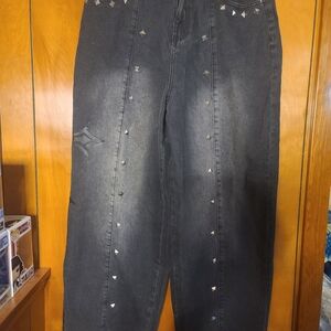 Studded Grey Faded Jeans With Cross Design